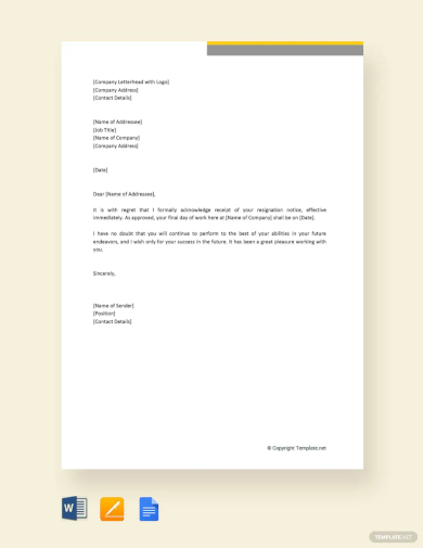 free resignation acceptance letter with immediate effect template