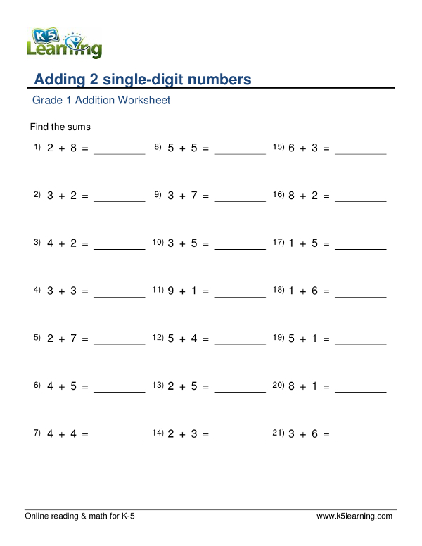 grade 1 addition worksheet example