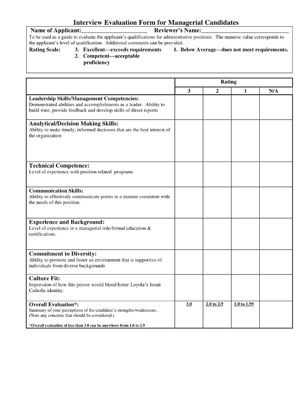 interview evaluation form for managerial candidates example