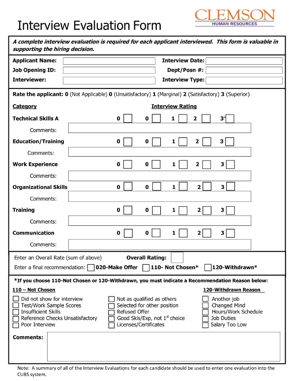 Examples of Candidate Evaluation Forms - Format, Sample | Examples