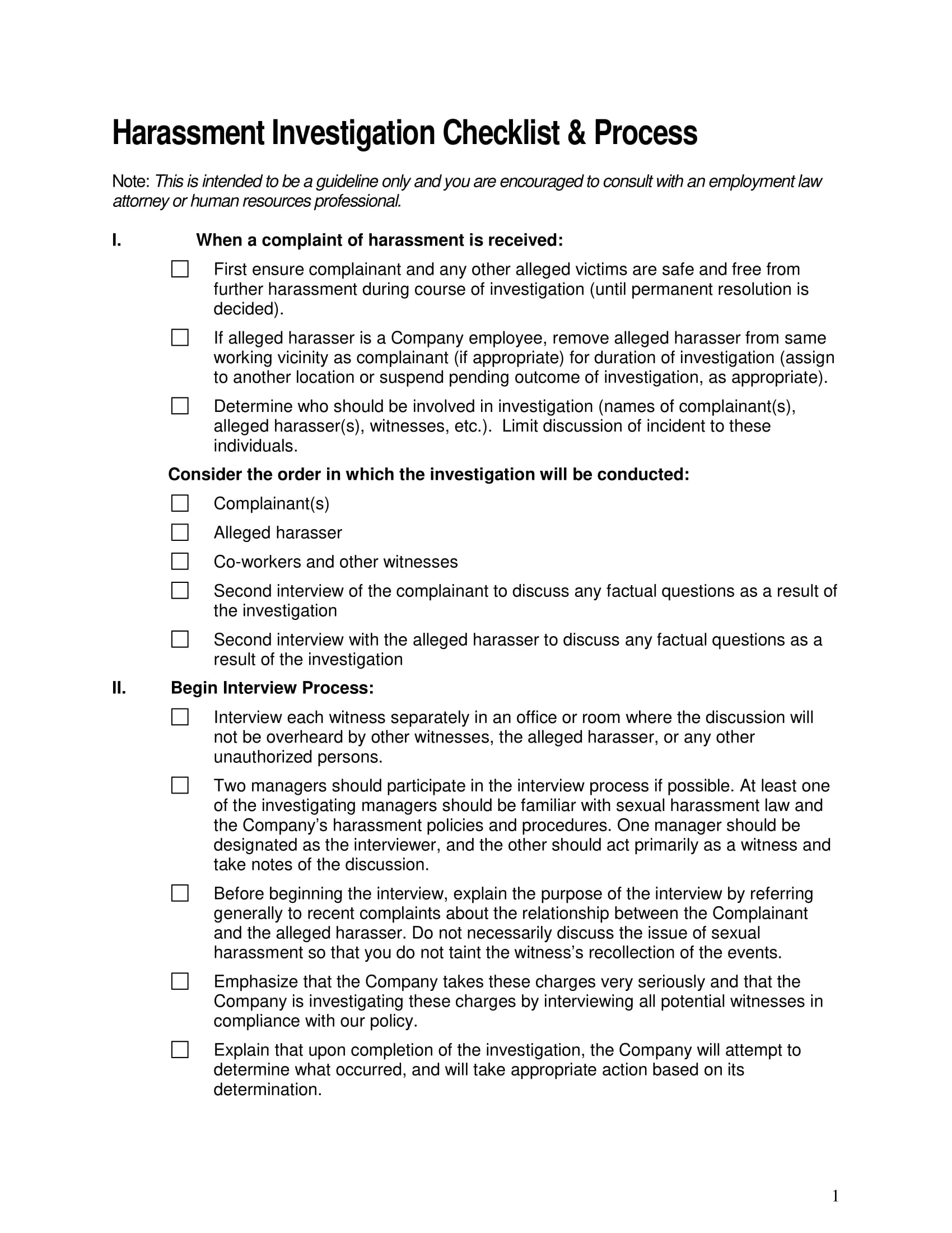 10 Harassment Investigation Checklist Examples Pdf