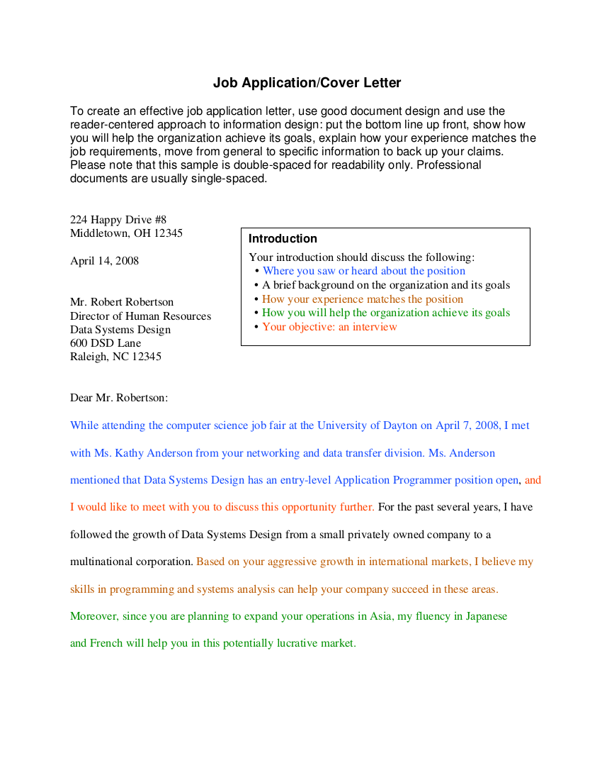 cover letter examples for application of job