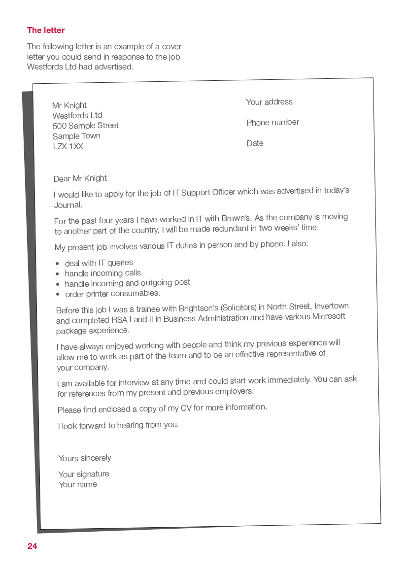 Application covering letter for employment