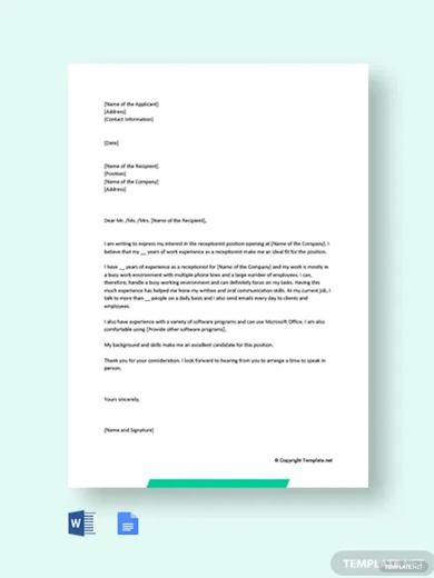 job application letter for receptionist position template1