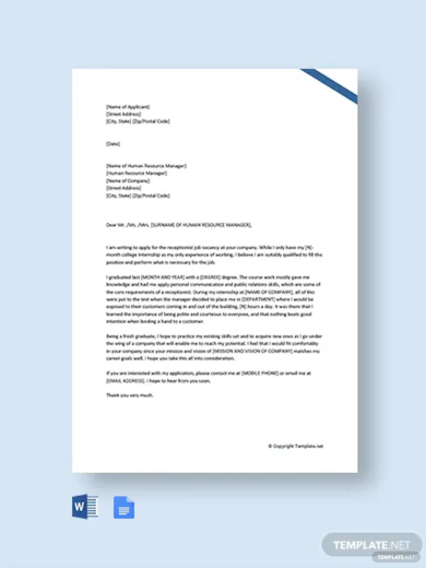 job application letter for receptionist template1