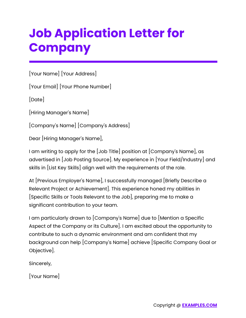 job application letter for company