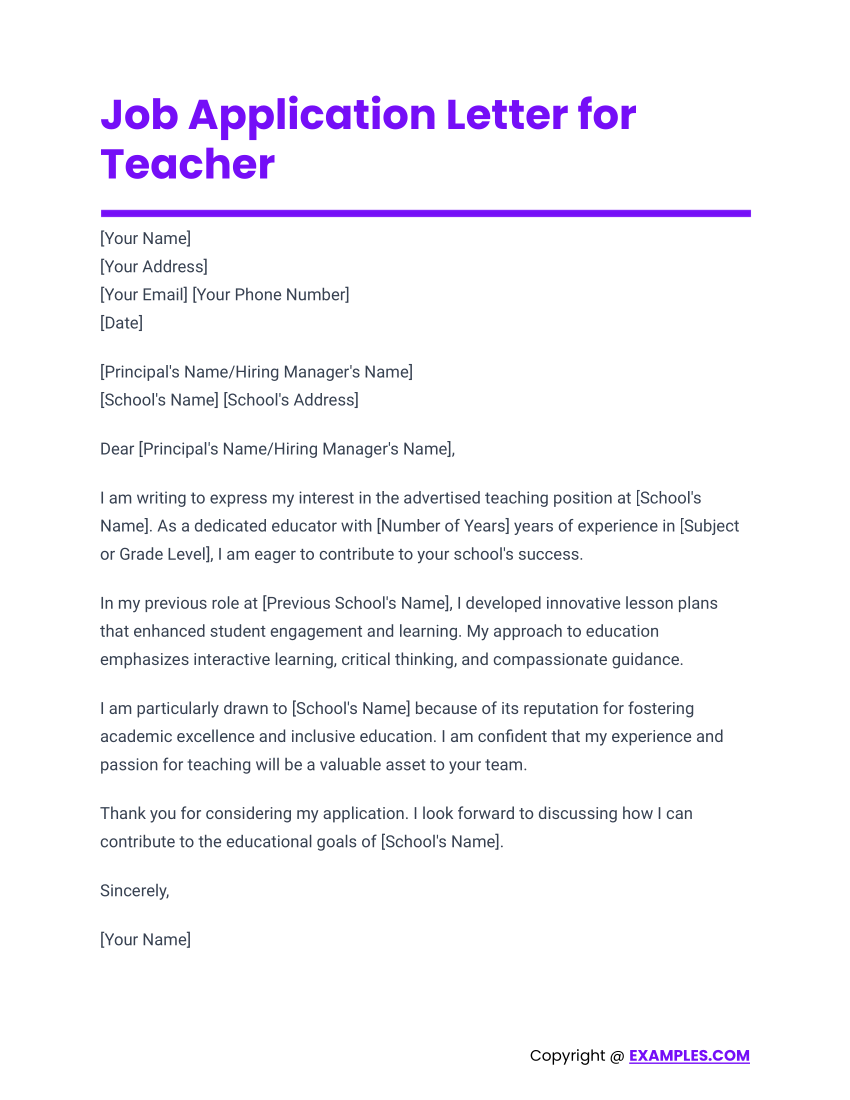 application letter sample teacher position