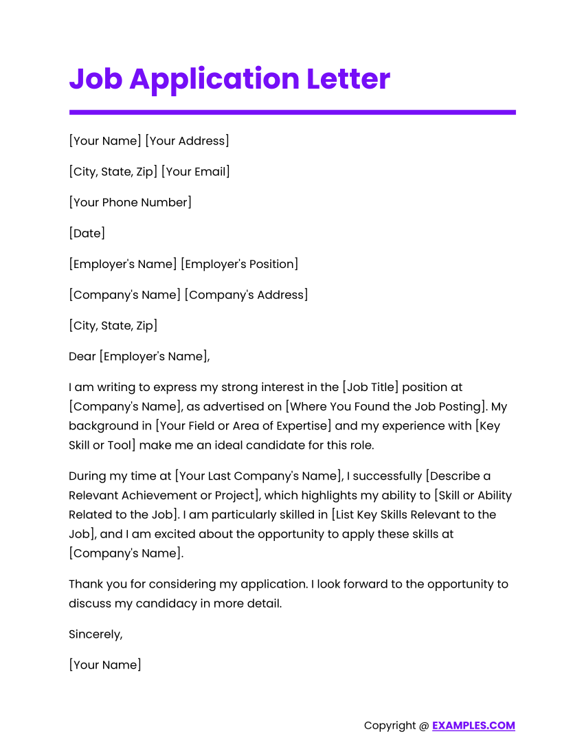 Job Application Letter Examples - 45+ in Word | Examples