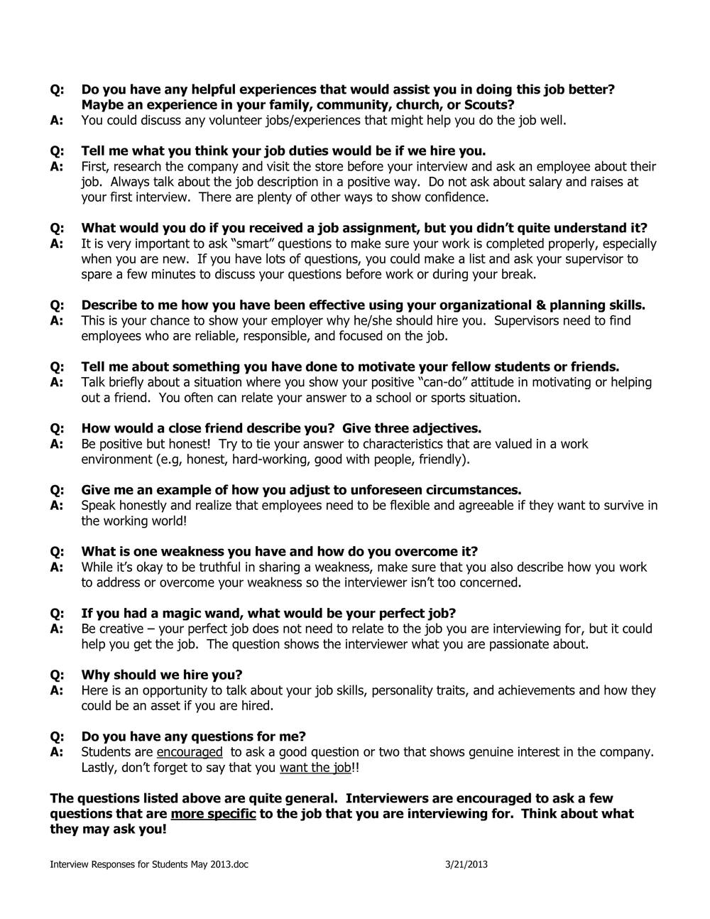 job interview questions with sample responses