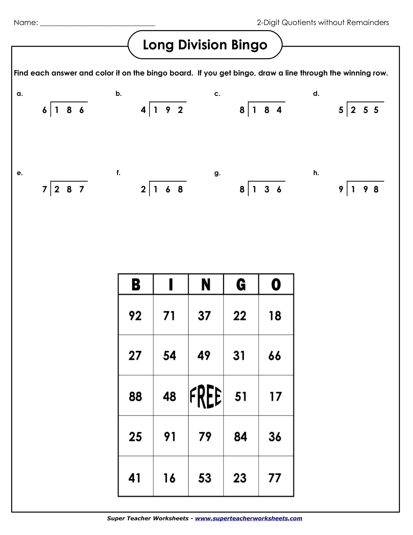 Long Division Bingo Sample Worksheet