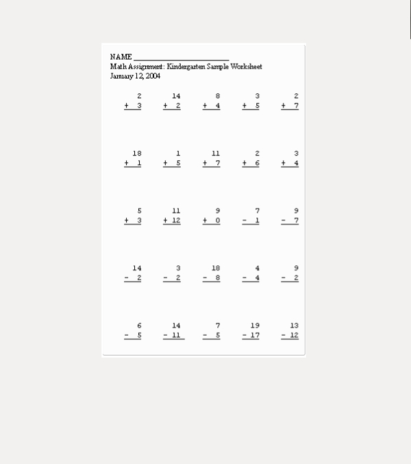 Math Assignment Kindergarten Sample Worksheet1