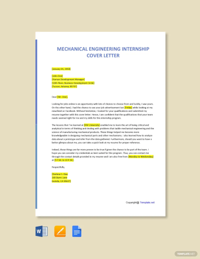 mechanical engineering internship cover letter template