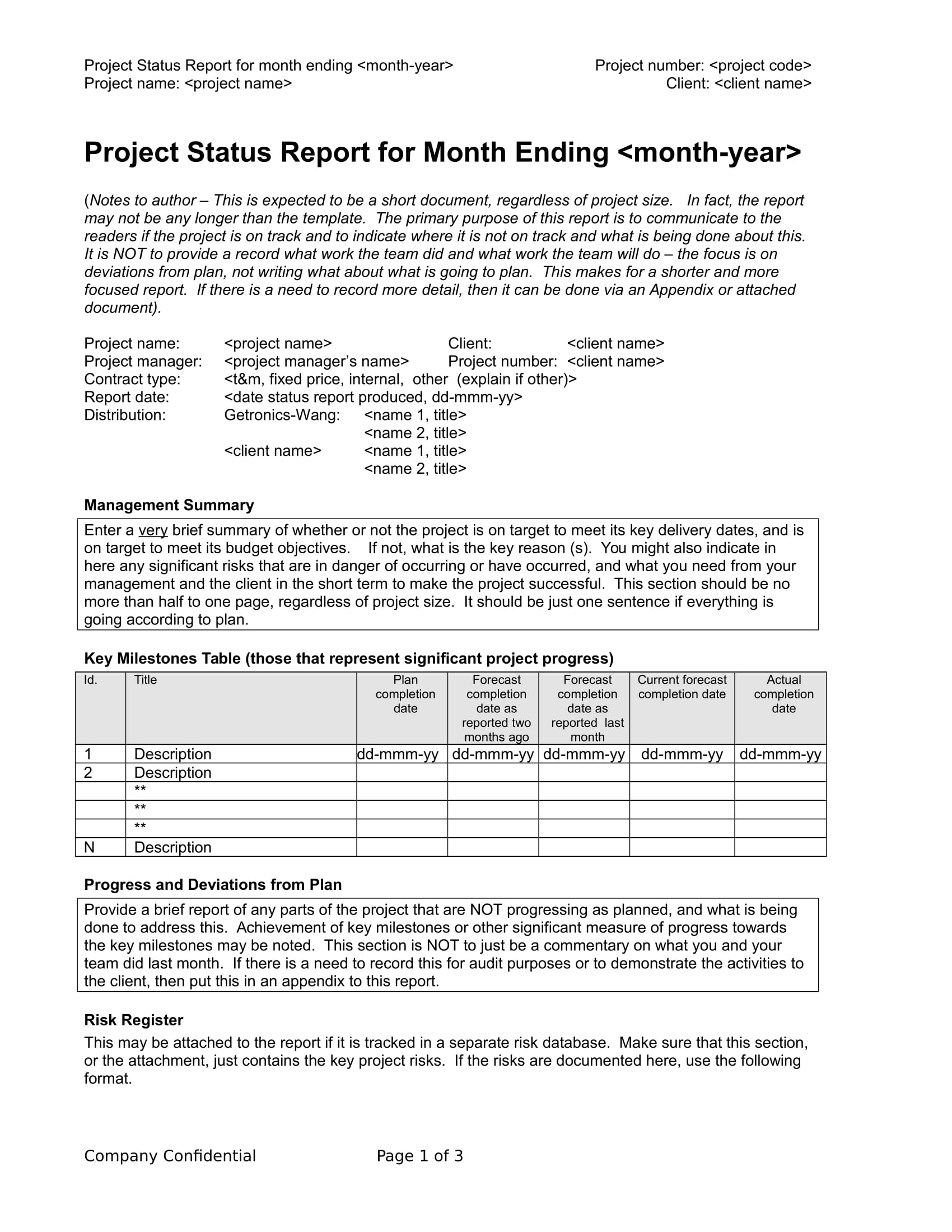 Month End Project Status Report Example