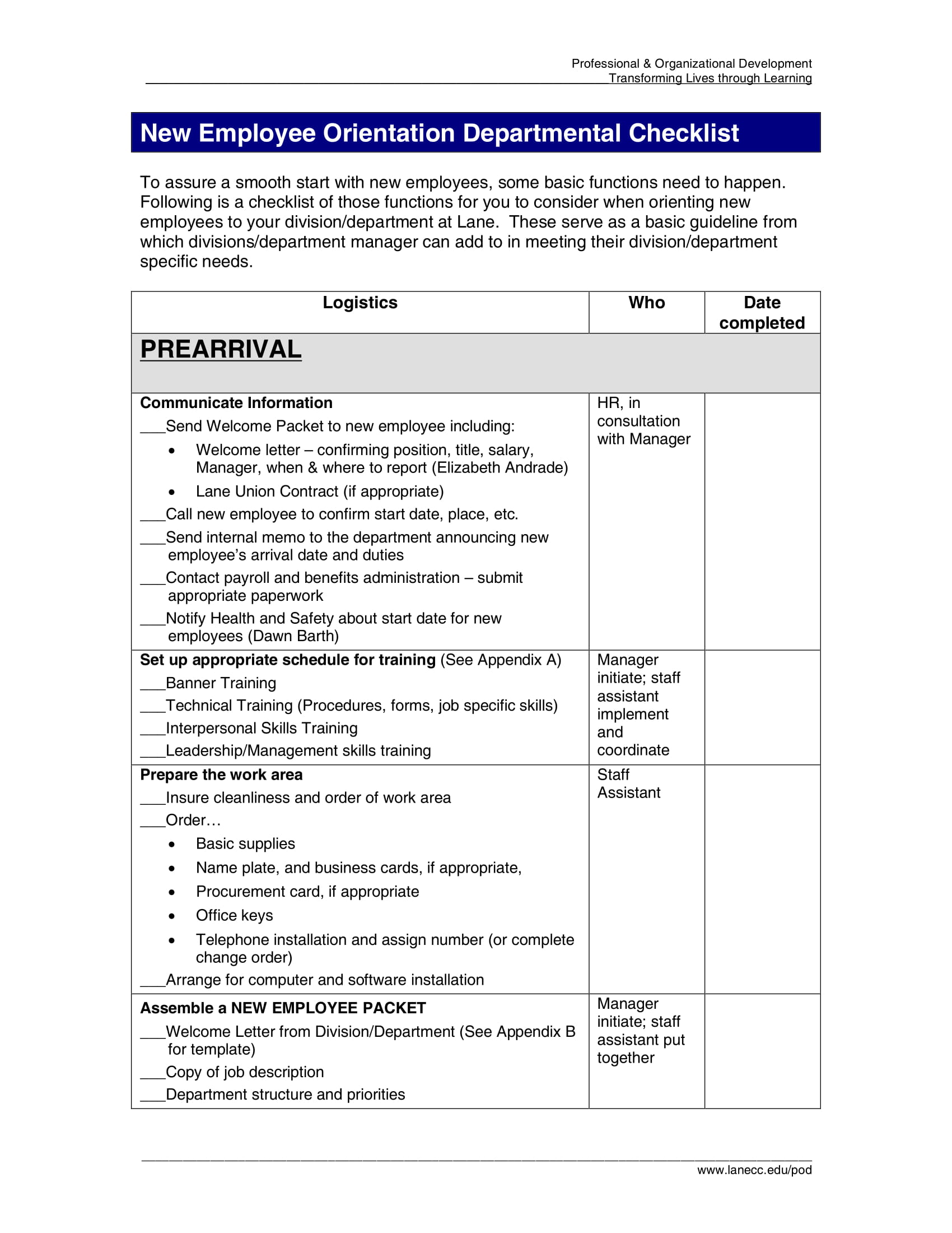 New Employee Orientation Department Checklist