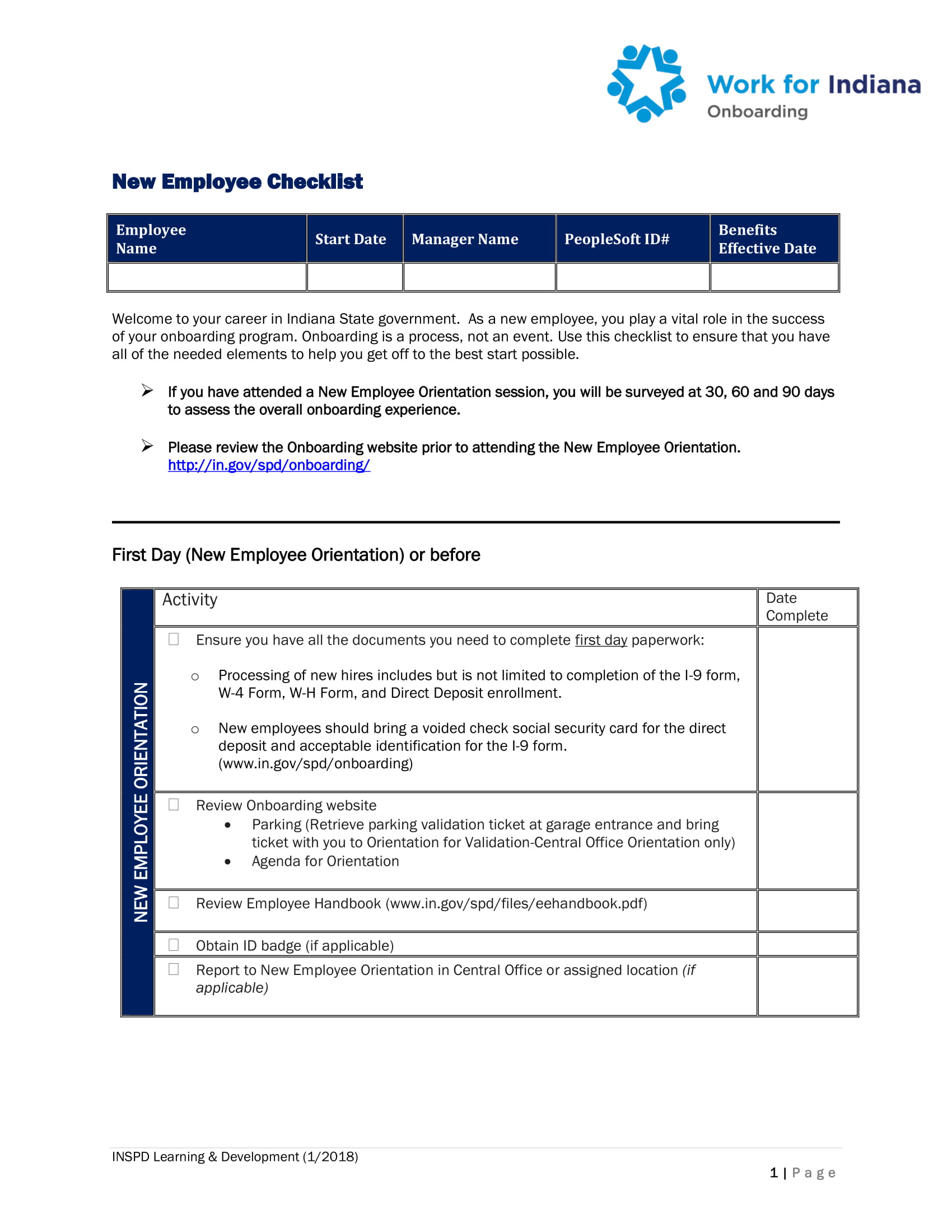 New Employee Orientation Program/Activity Checklist