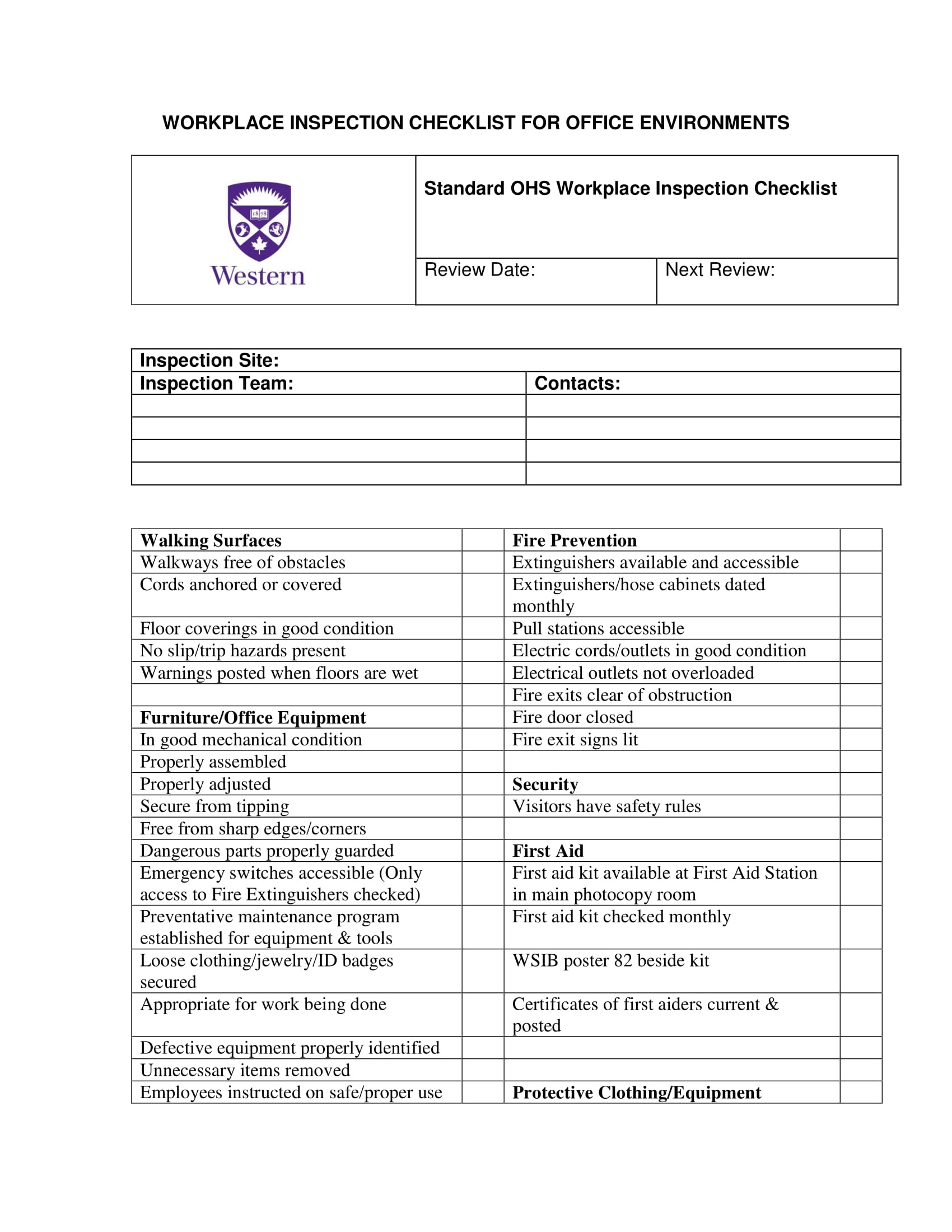 General Facility Safety Inspection Checklist K Lh Com