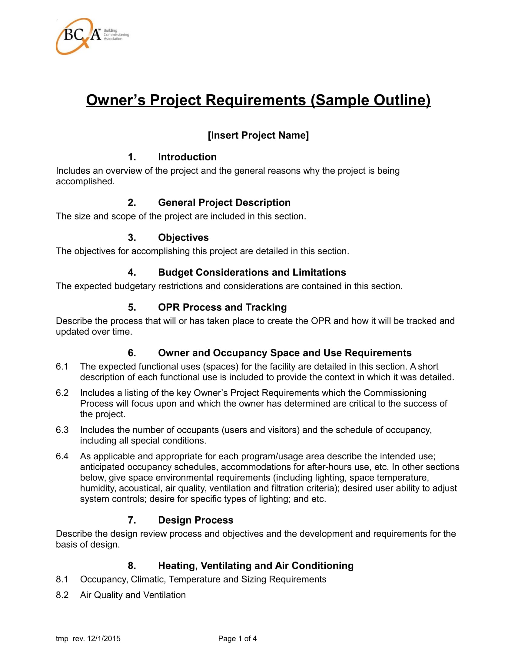 owners project requirement checklist example