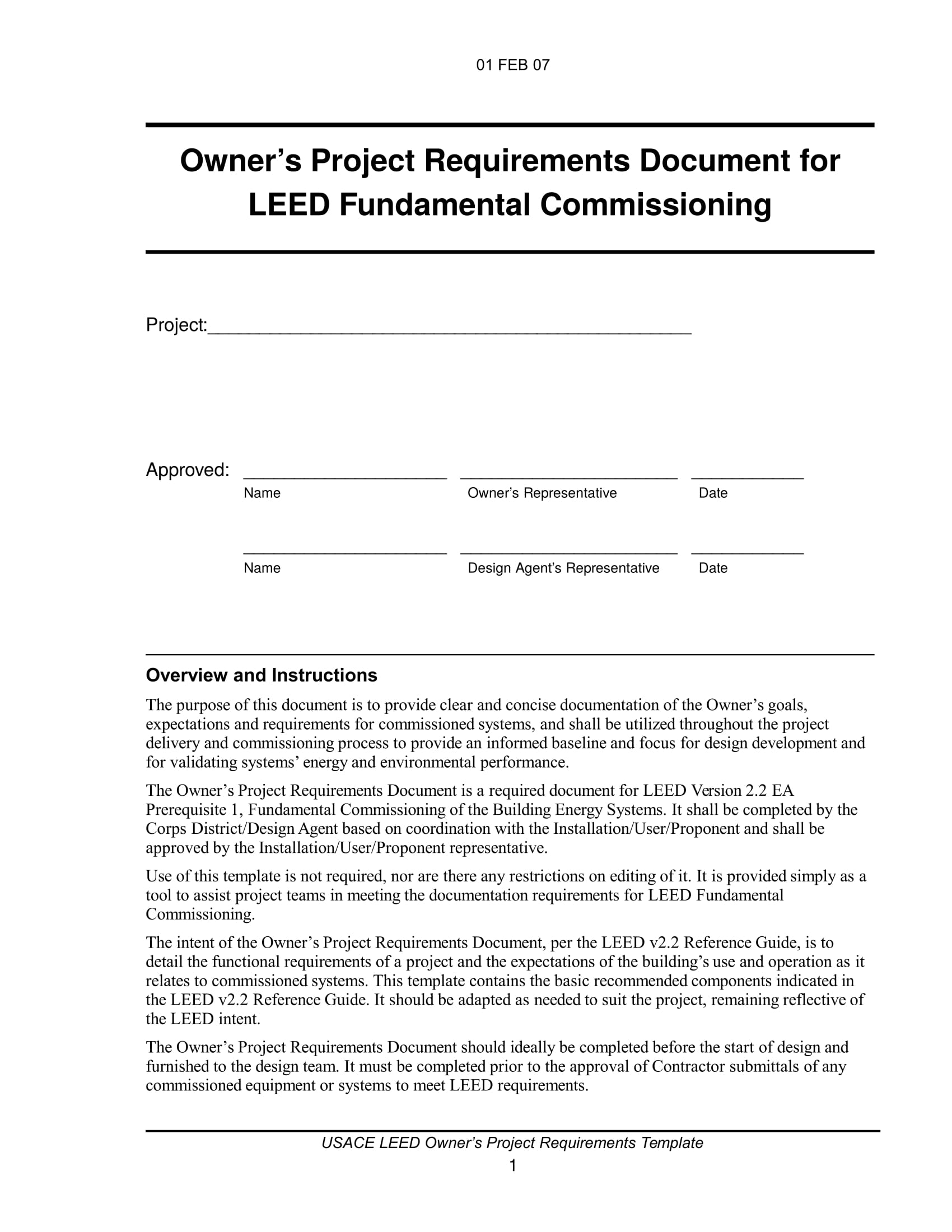 Owner's Project Requirements Checklist Template Sample