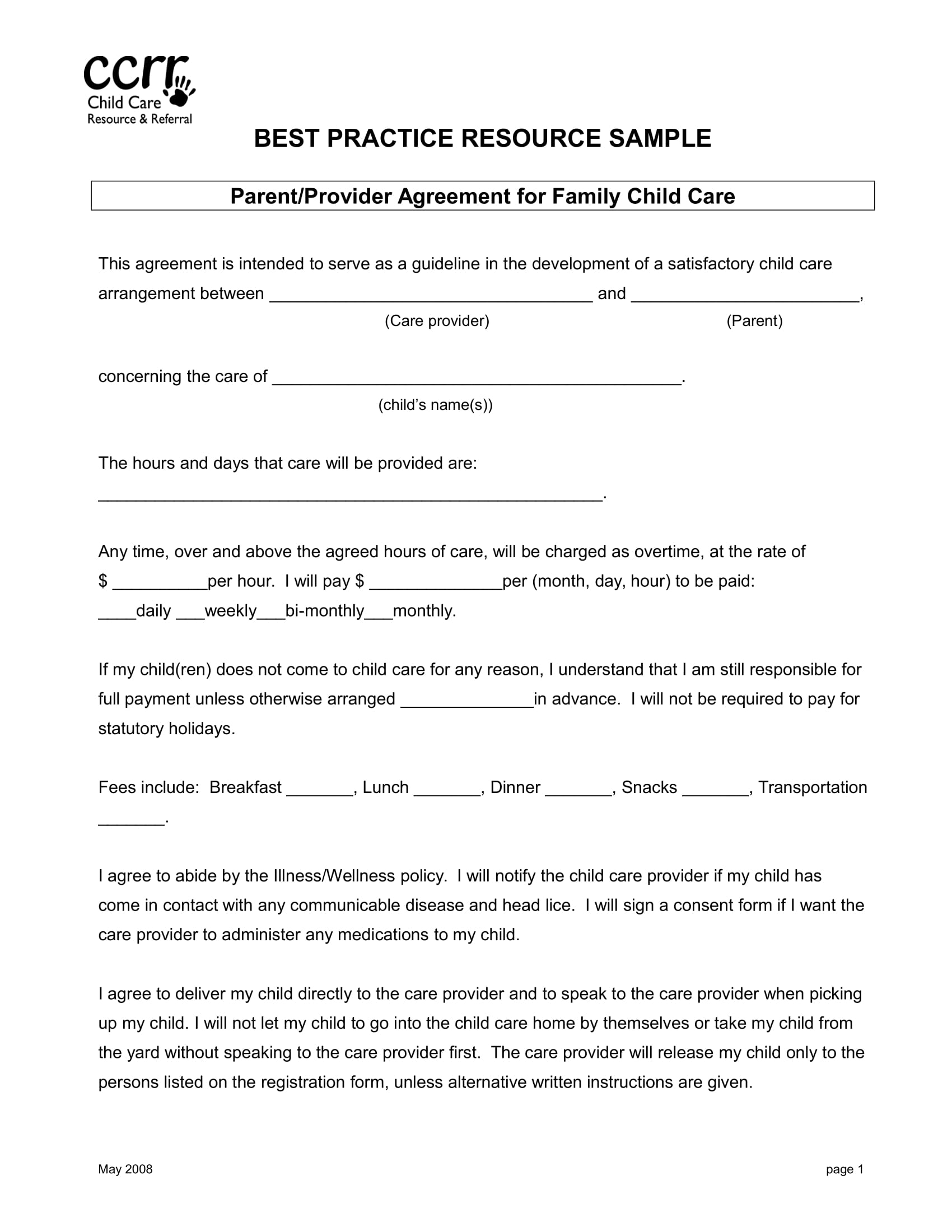 parent provider agreement for family child care