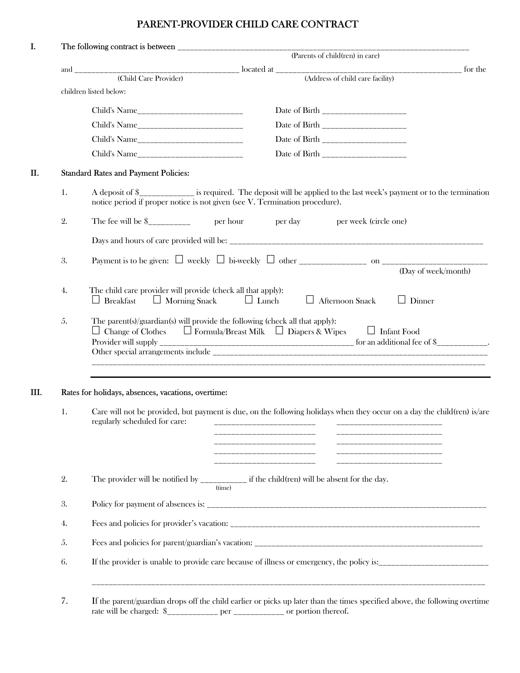 parent provider child care contract