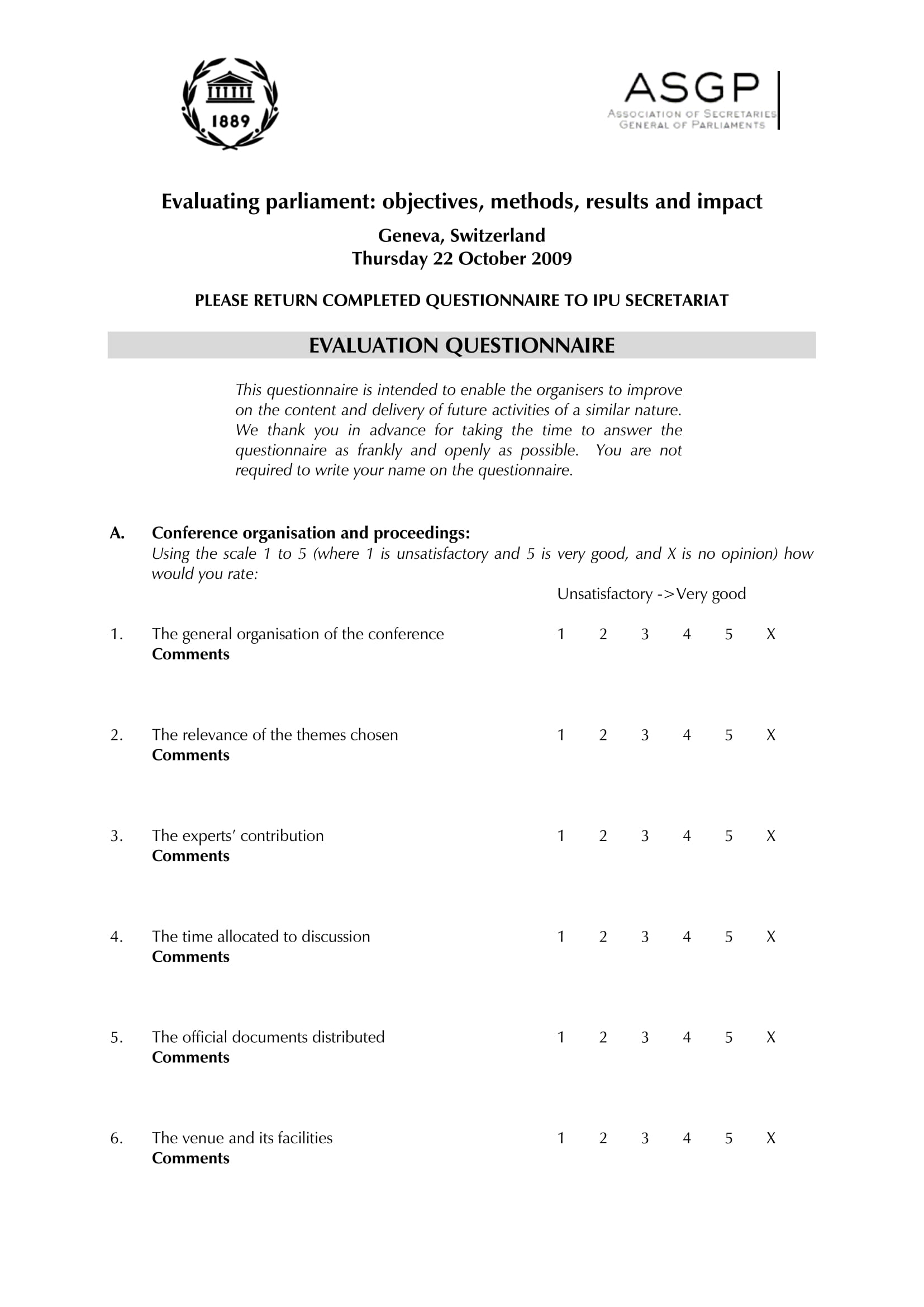 Parliamentary Conference Evaluation Questionnaire Example