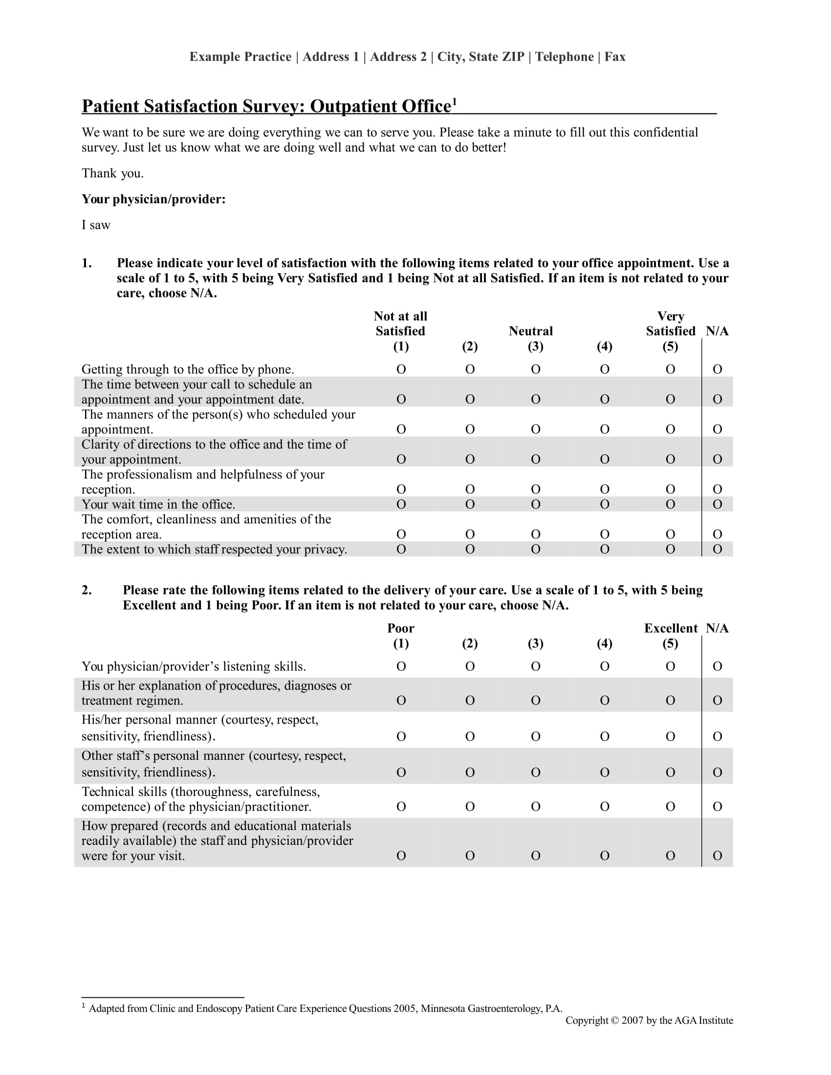 Patient Satisfaction Survey Example