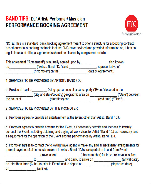 performance booking agreement sample