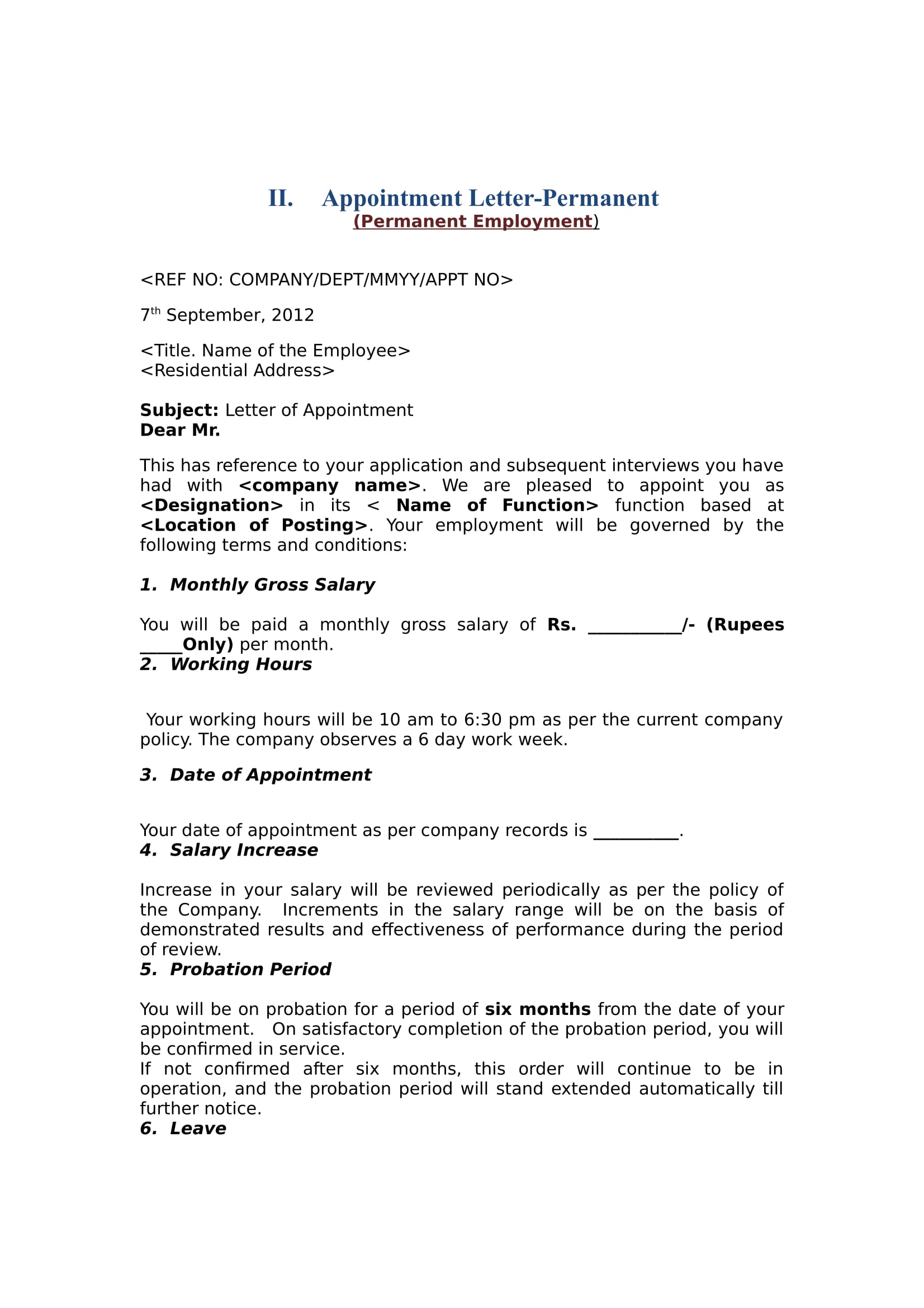 permanent appointment letter