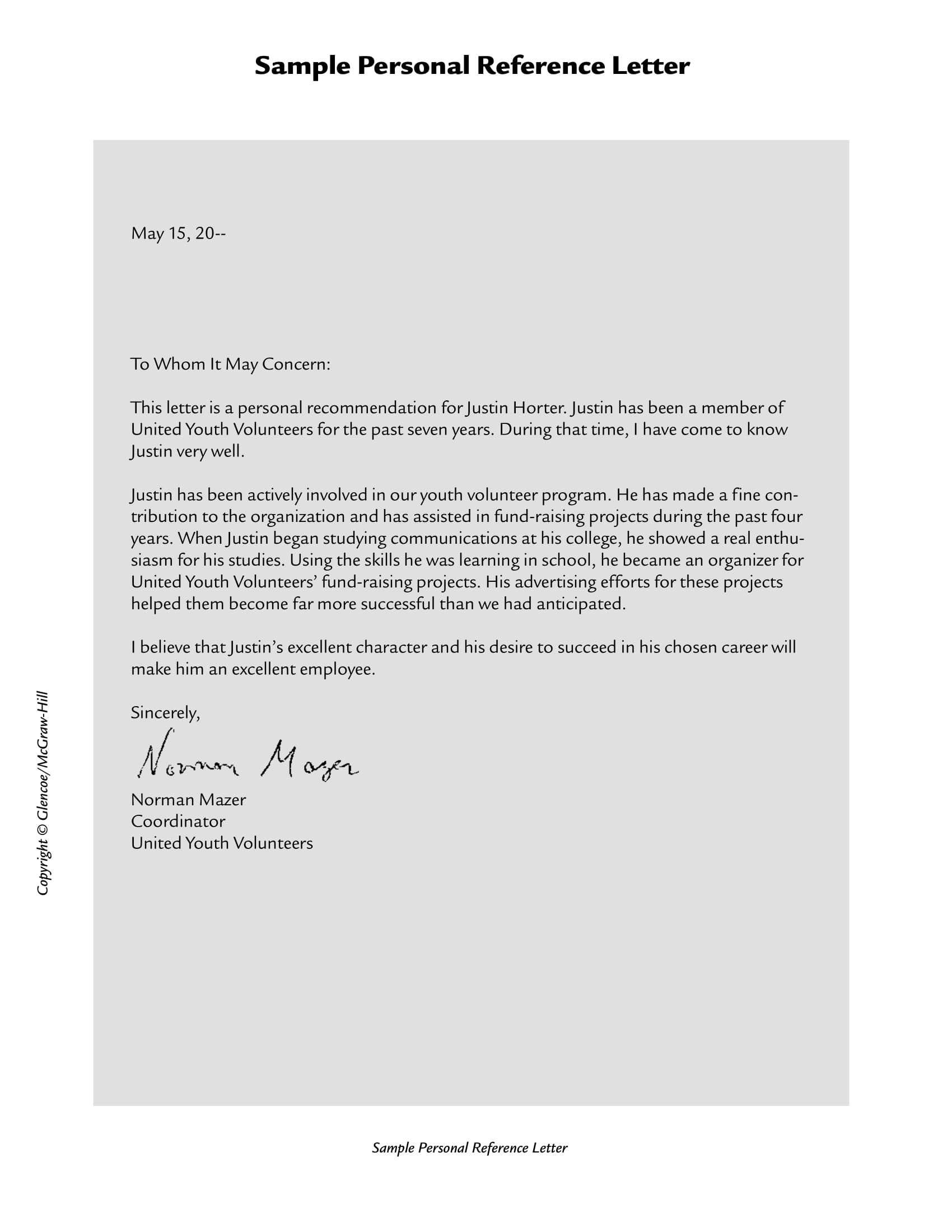 Personal Letter Of Recommendation Sample Employment