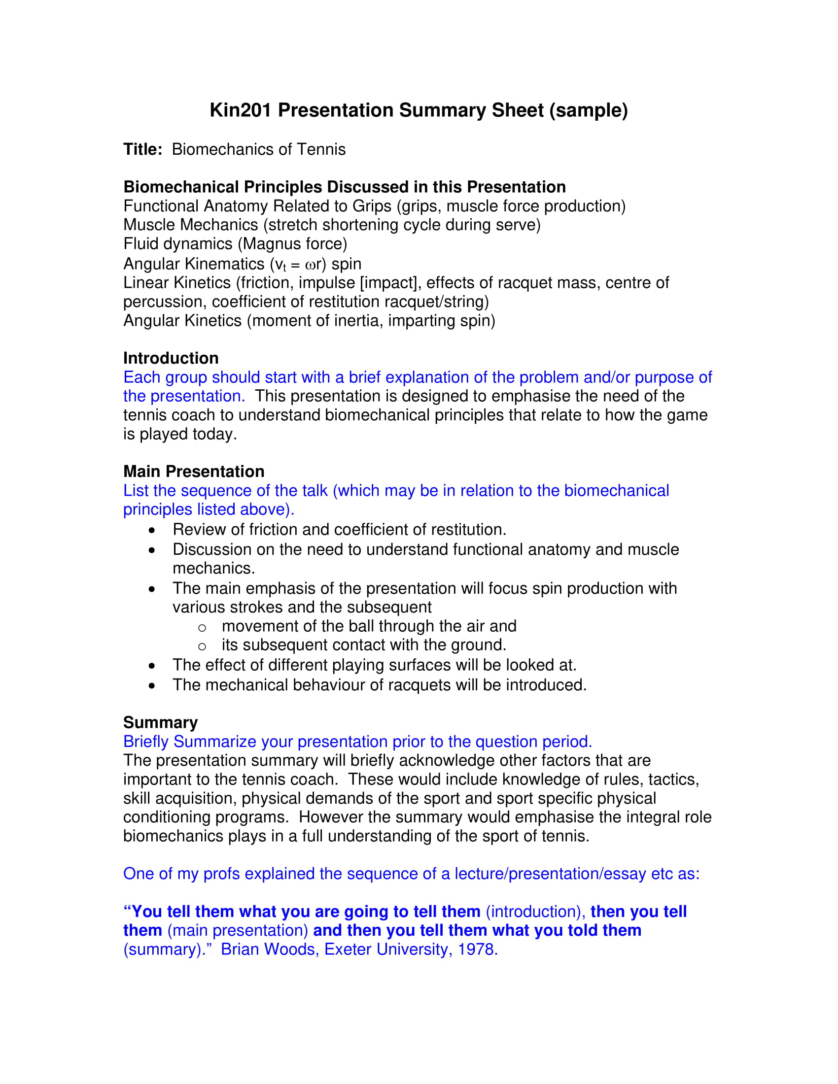 presentation summary sheet