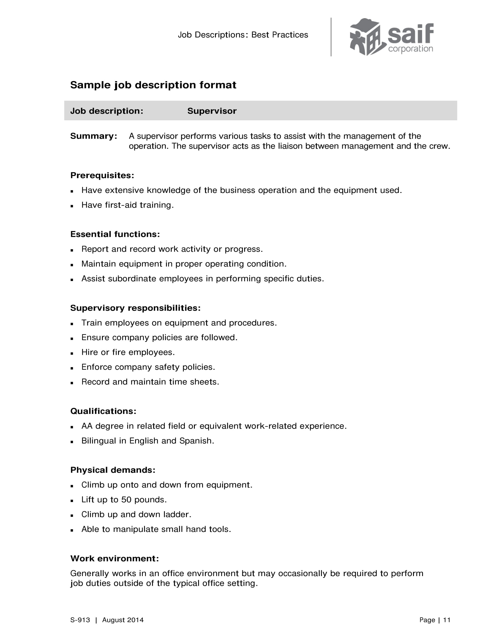 Printable Job Summary Example