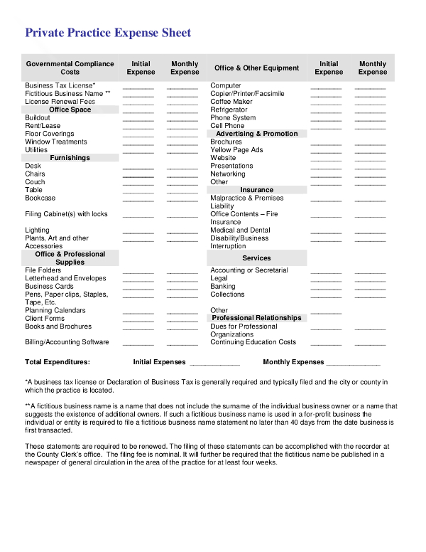 private practice expense sheet example