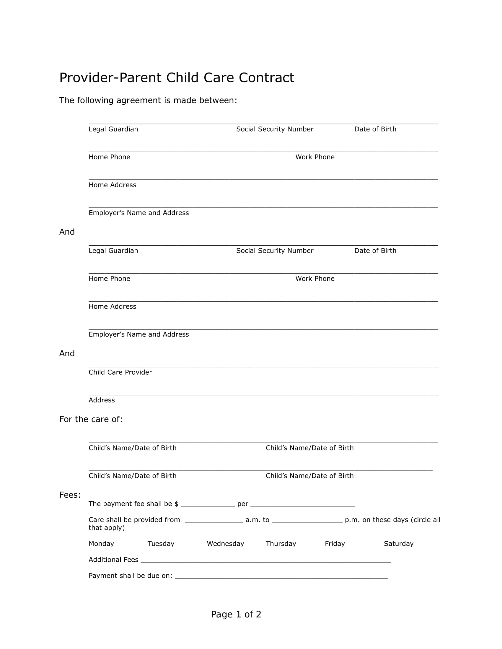 provider parent child care contract