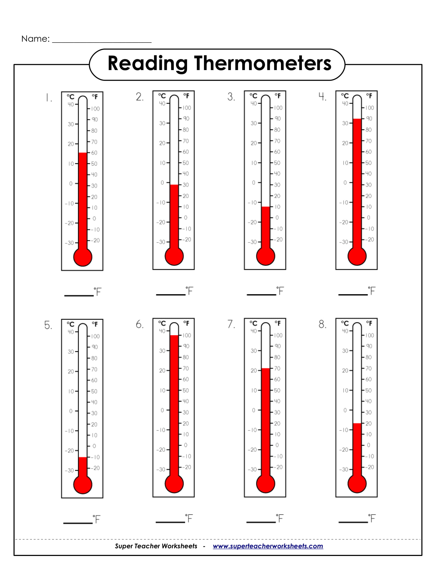 Reading Thermometers Sample Worksheet