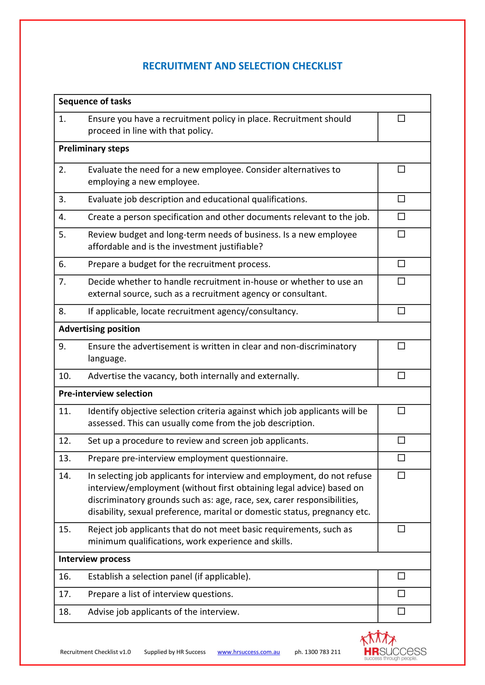 Recruitment Checklist Example