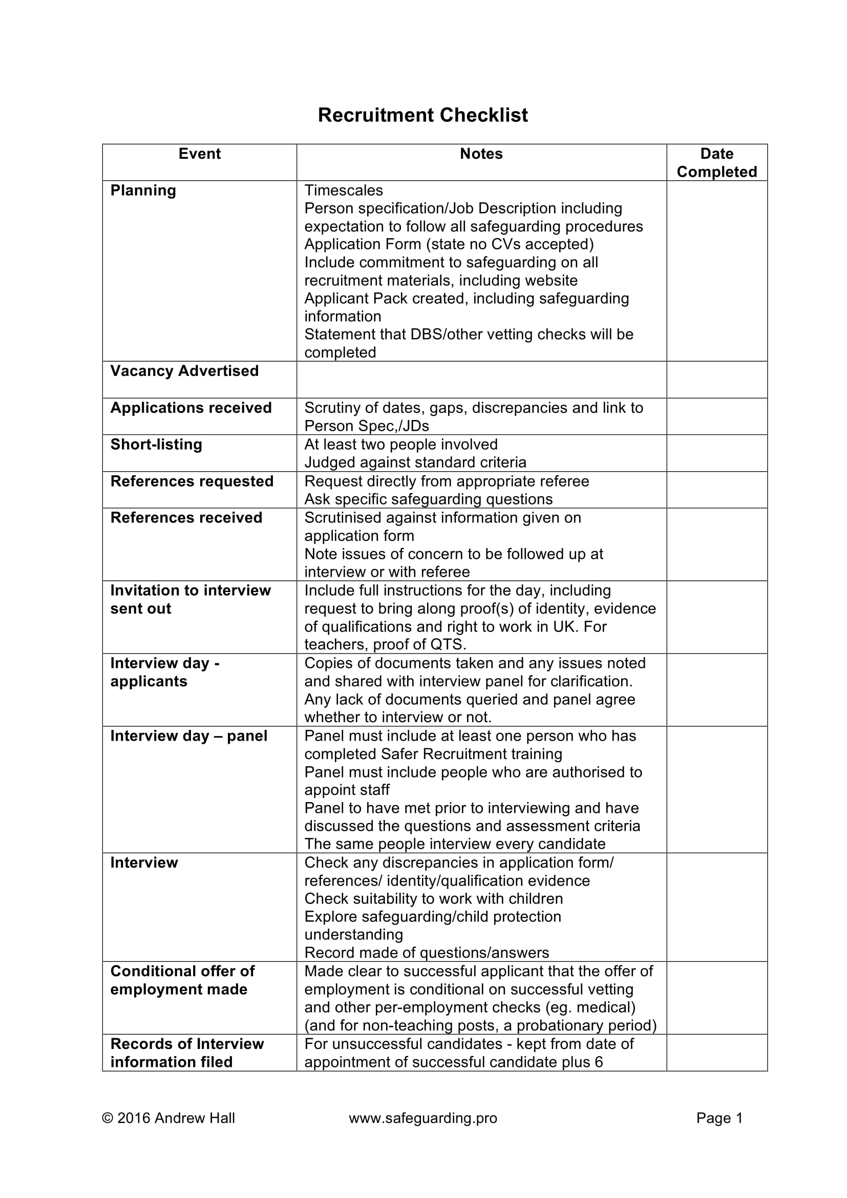 recruitment checklist sample