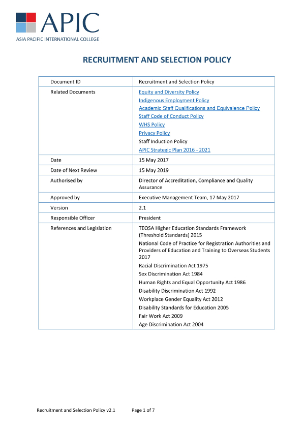 Recruitment and Selection Policy Example