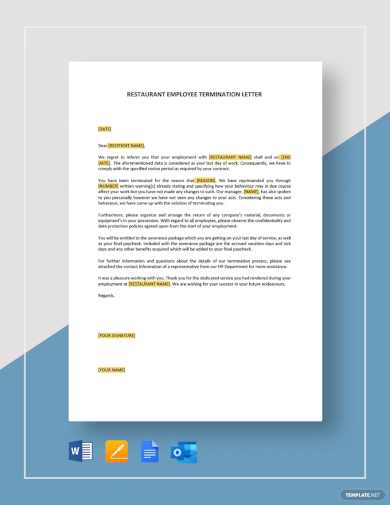 restaurant employee termination letter template