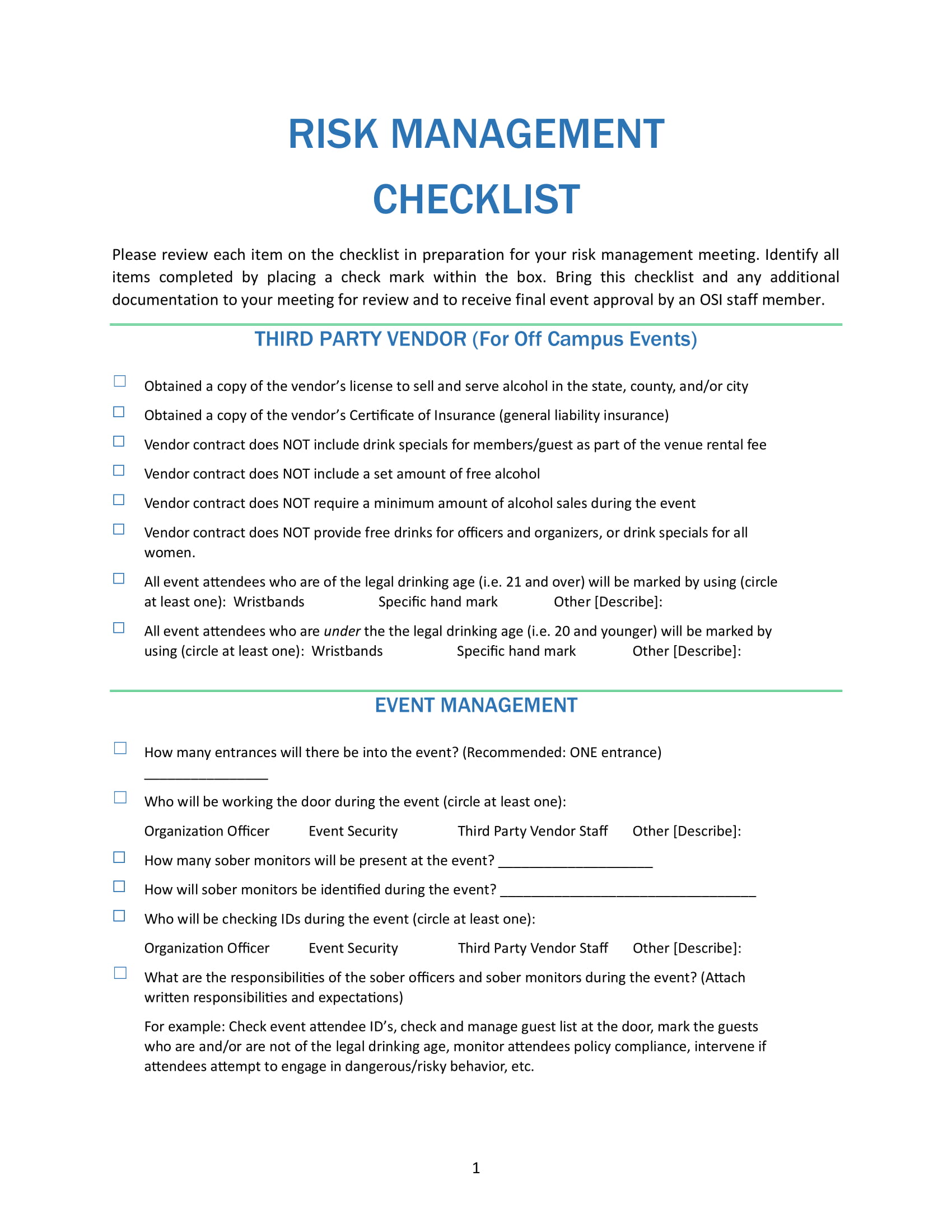 Risk Management Checklist Example