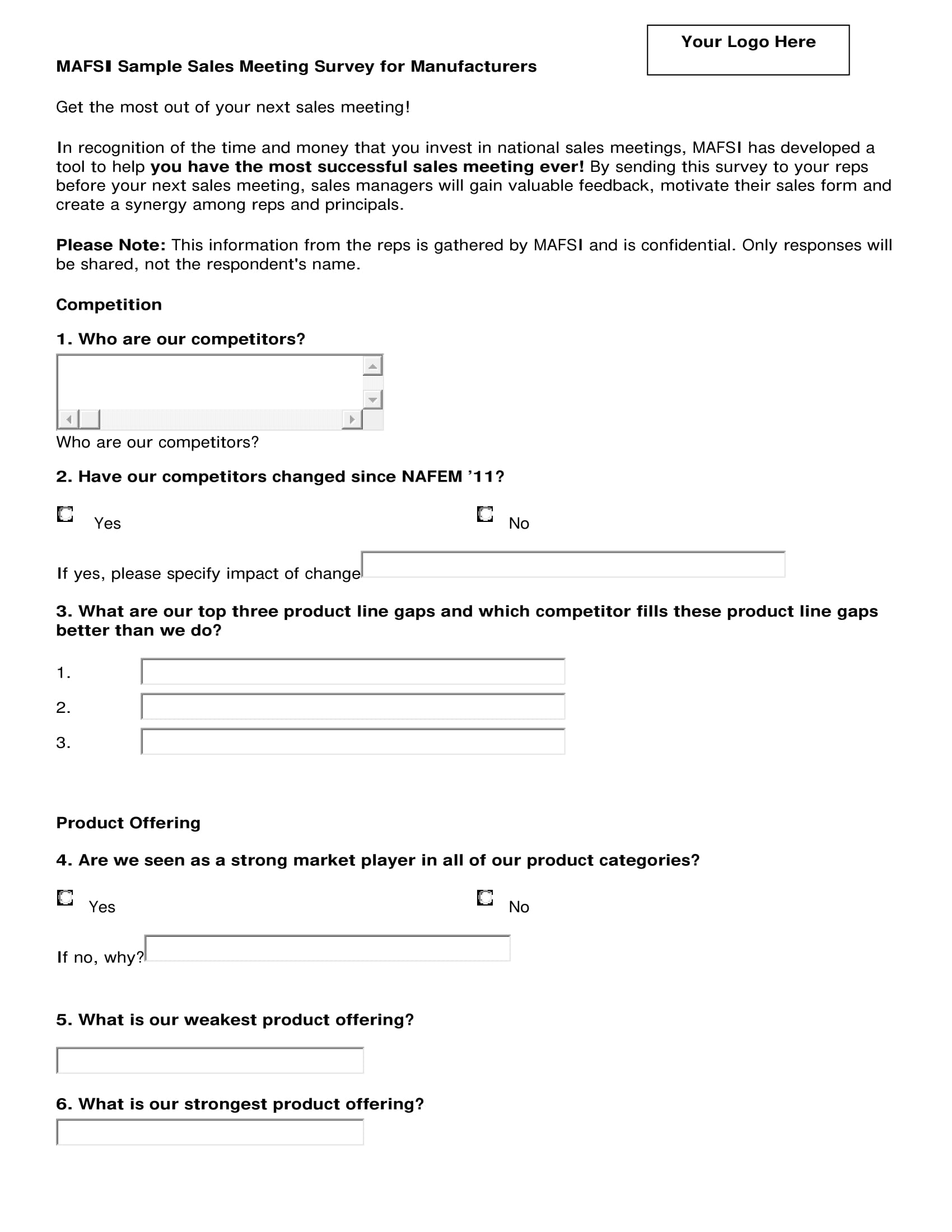 Sales Survey for Manufacturers Example