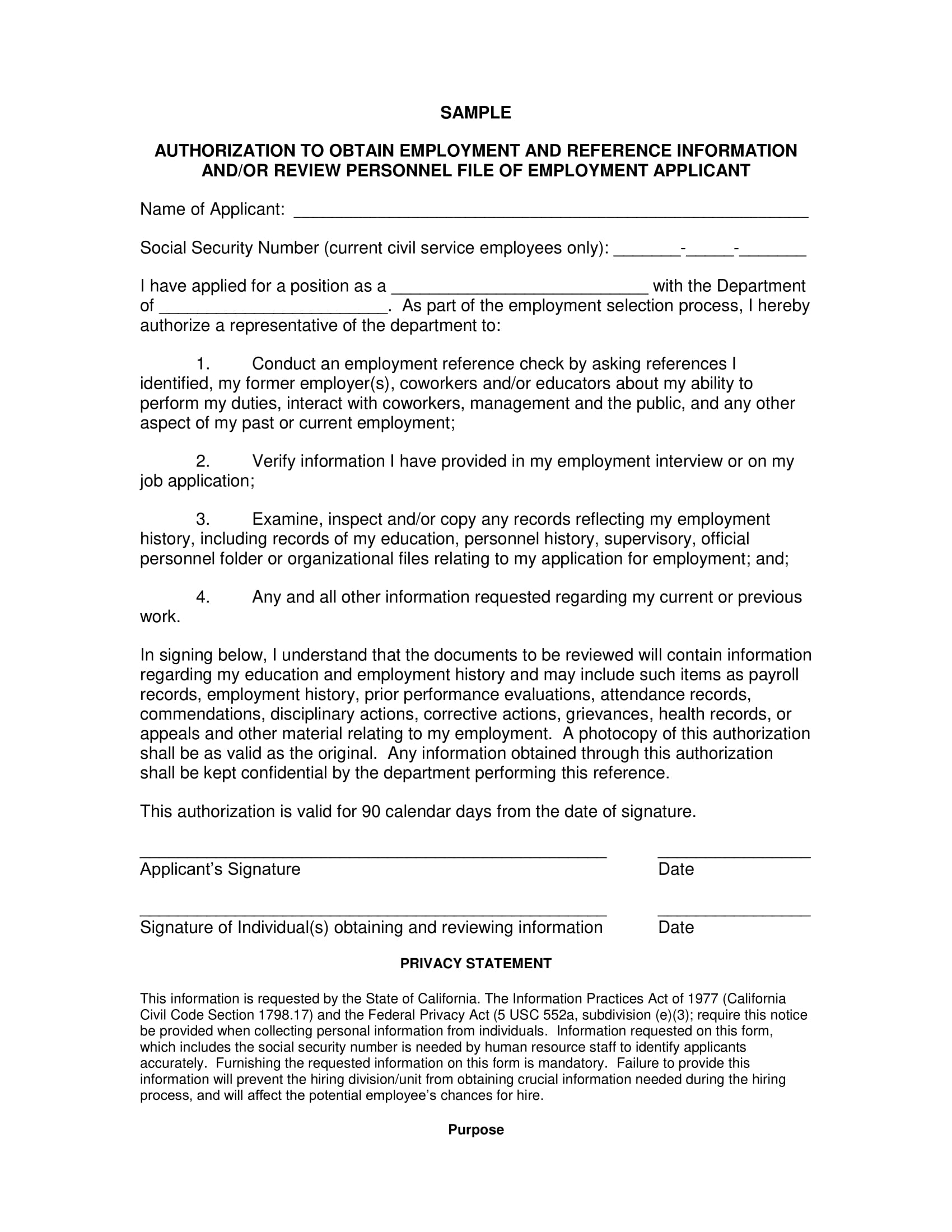 sample authorization form to obtain employment records