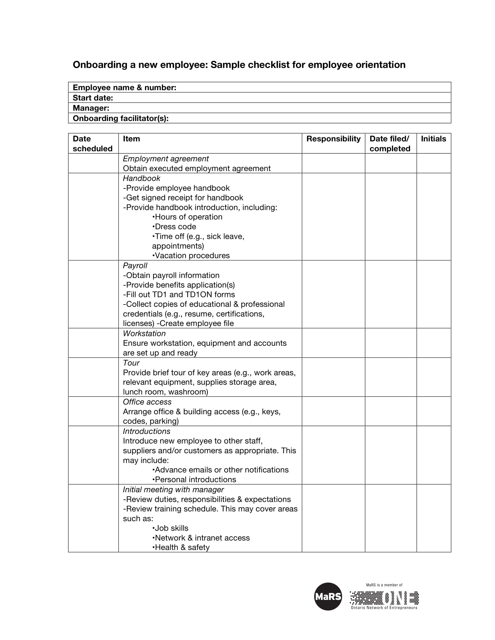 sample checklist for employee orientation