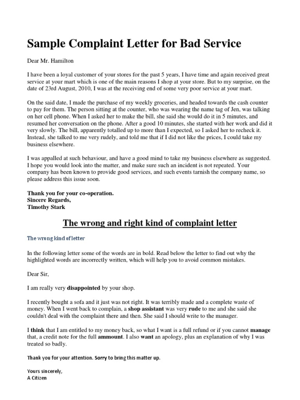 Sample Complaint Letter for Bad Service Example