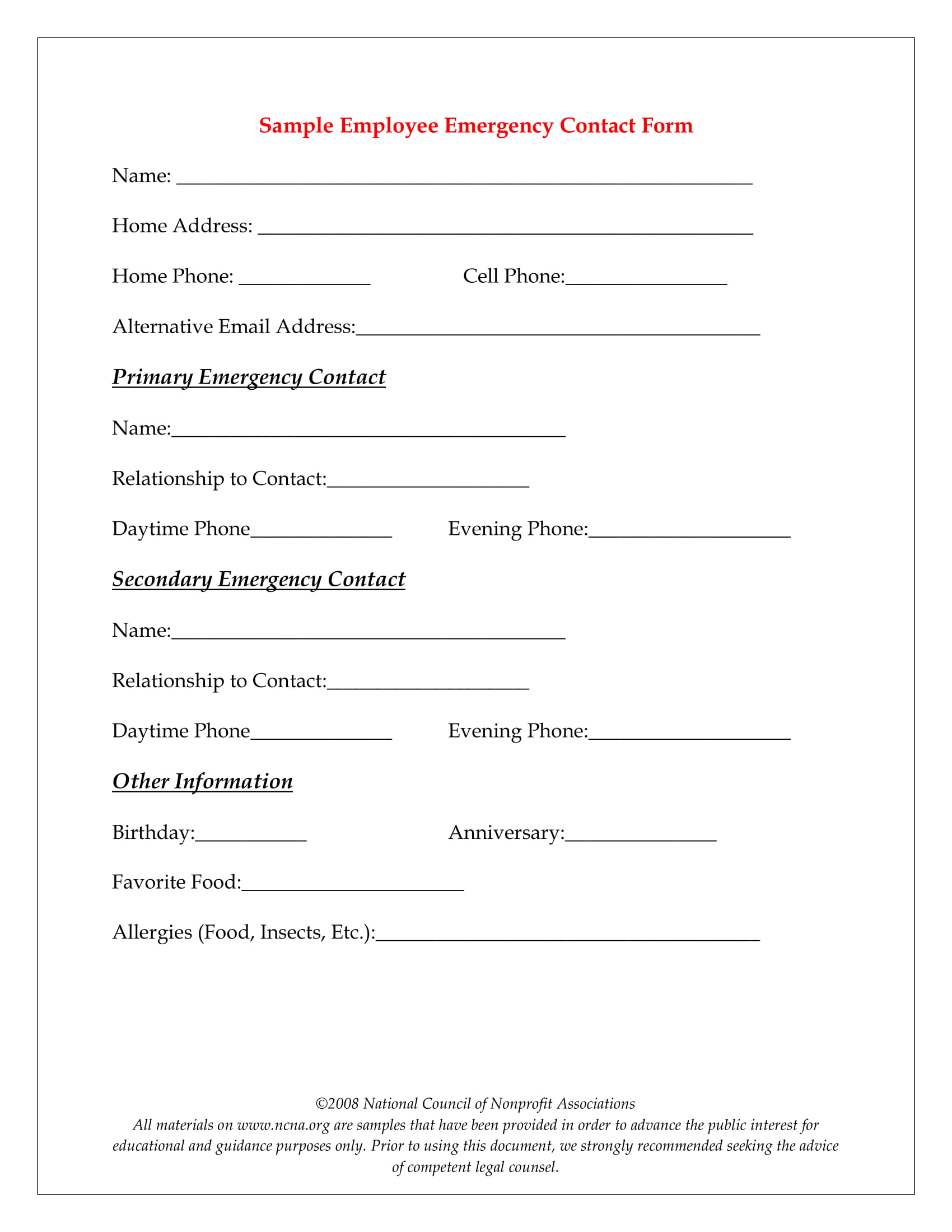 Sample Employee Emergency Contact Form NCN 1