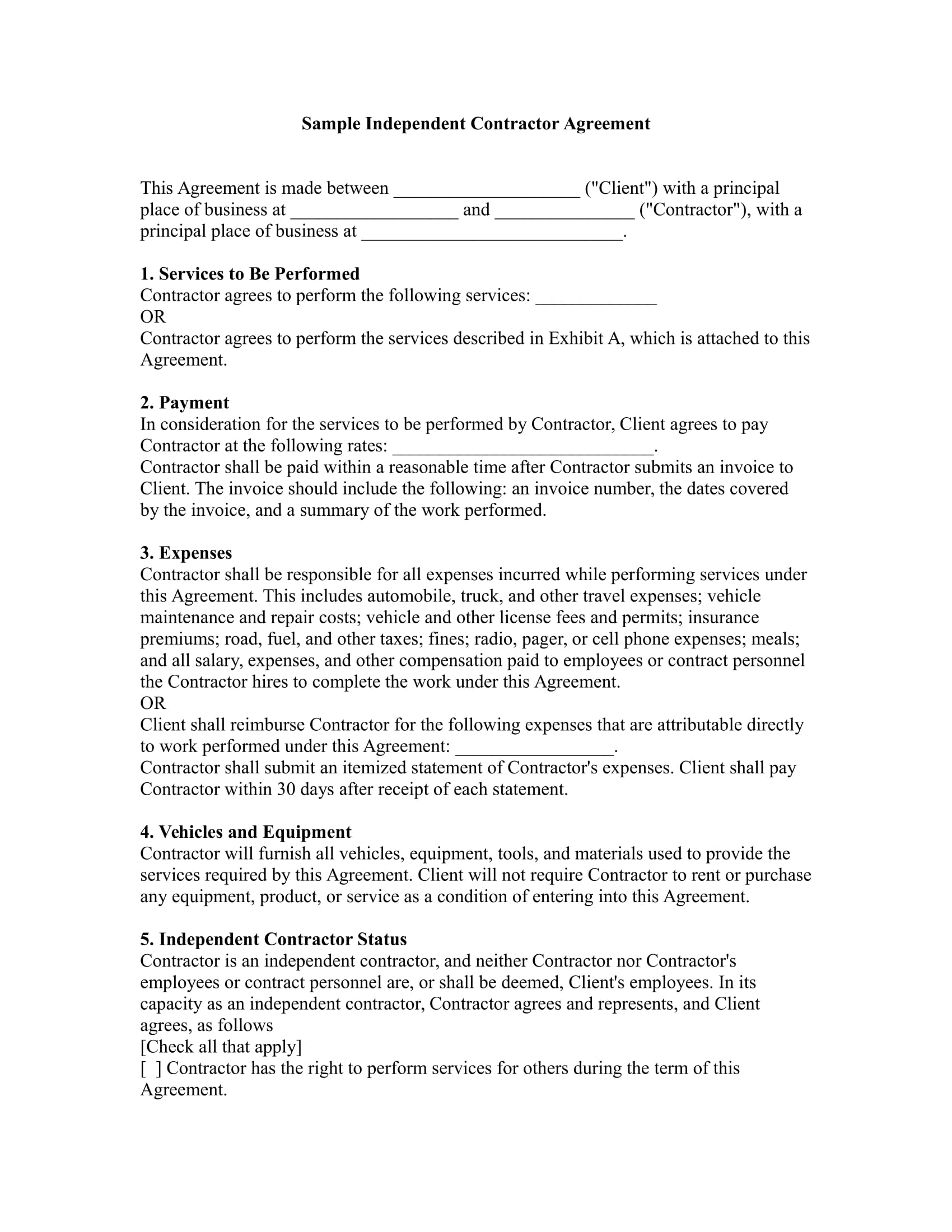 sample independent contractor agreement