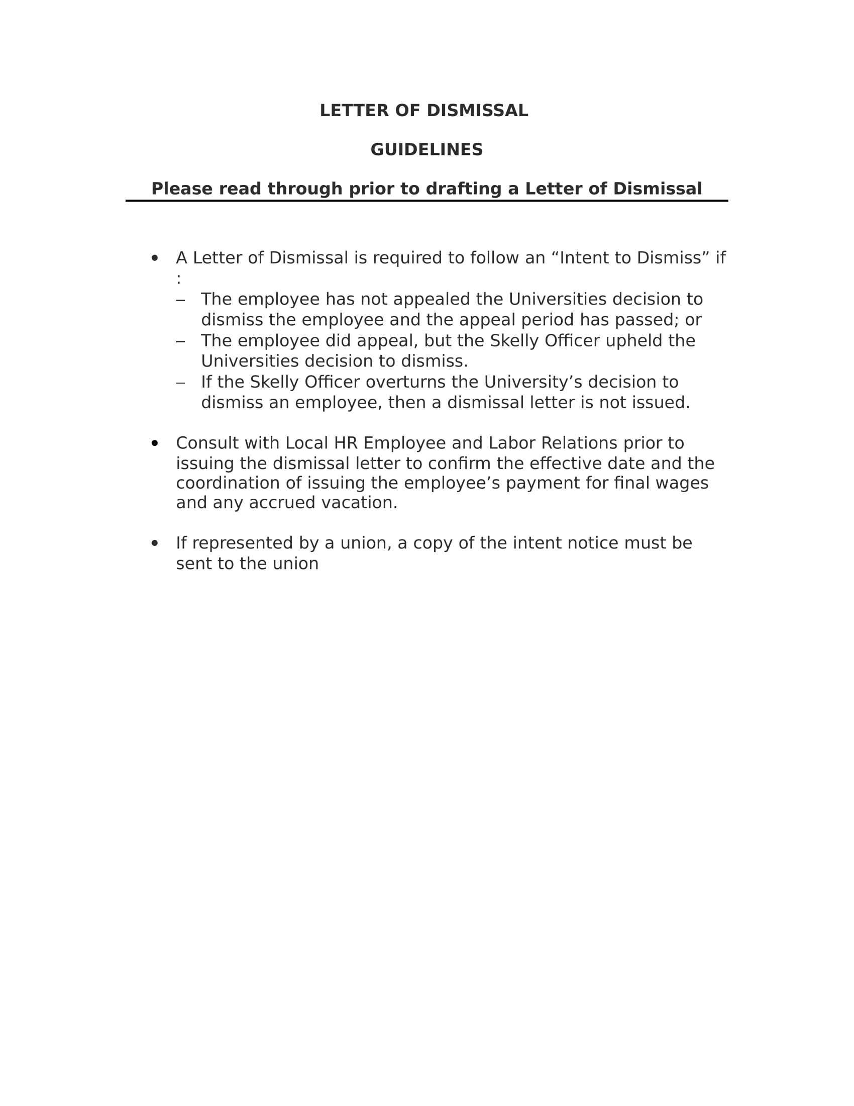 Sample Letter of Dismissal / Termination Template