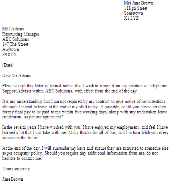 Letter Of Resignation Immediate Effect from images.examples.com