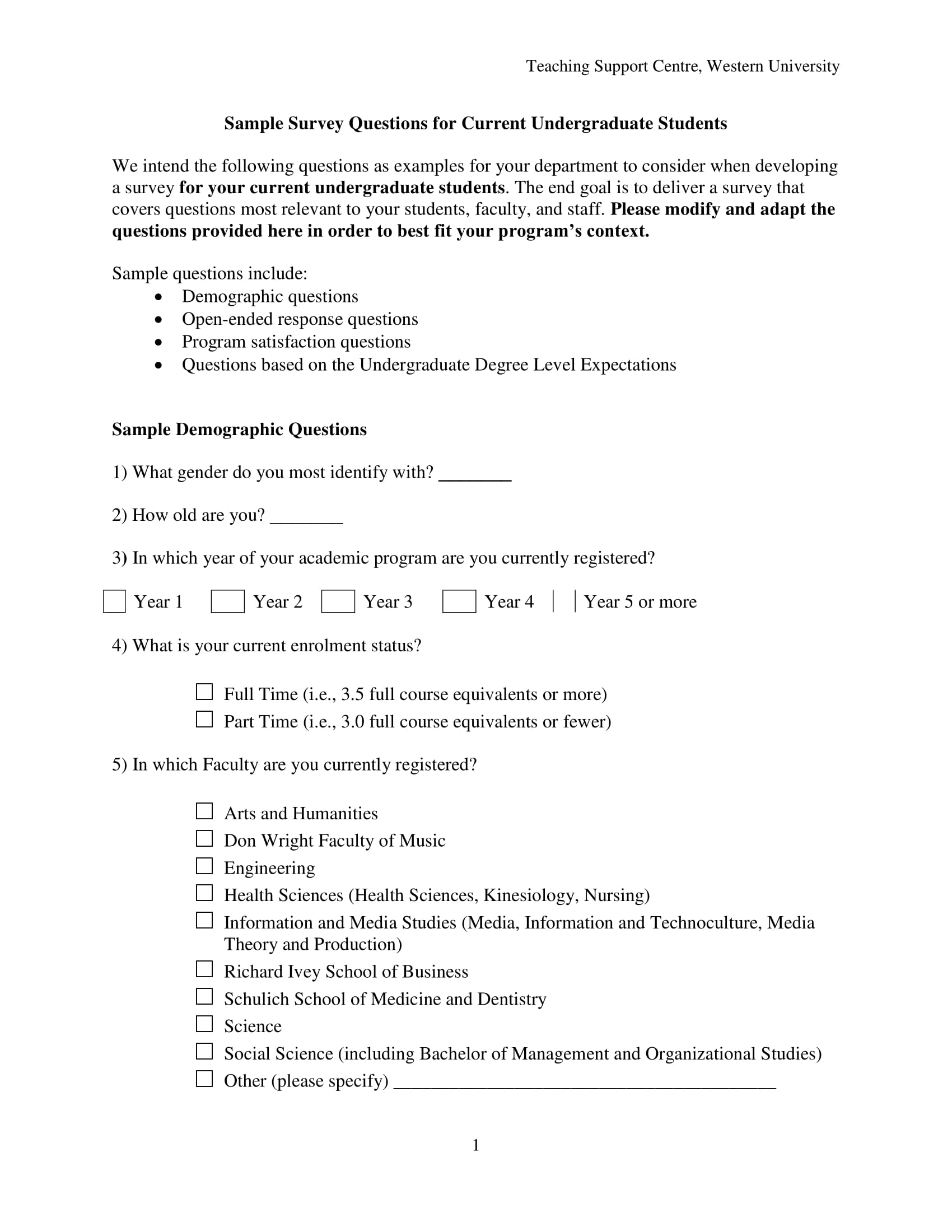 sample survey questions template for undergraduate students 1