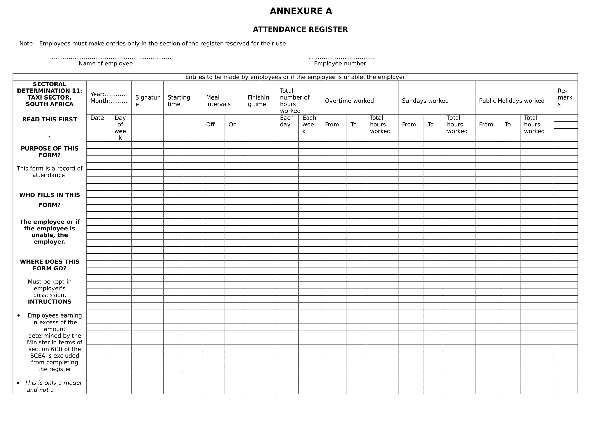 sample taxi workers attendance register 1