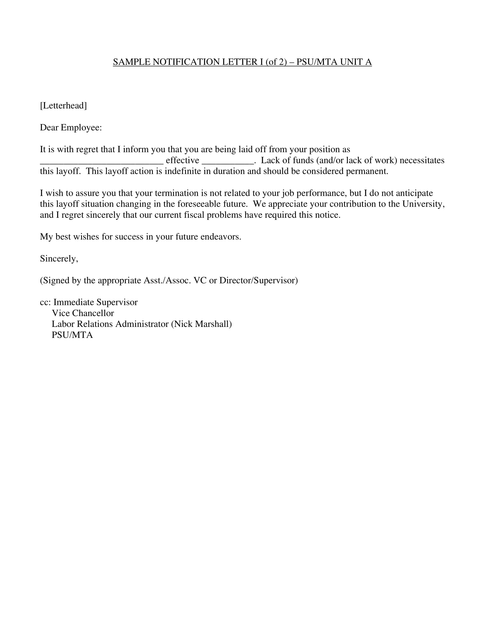 sample termination notification letter template